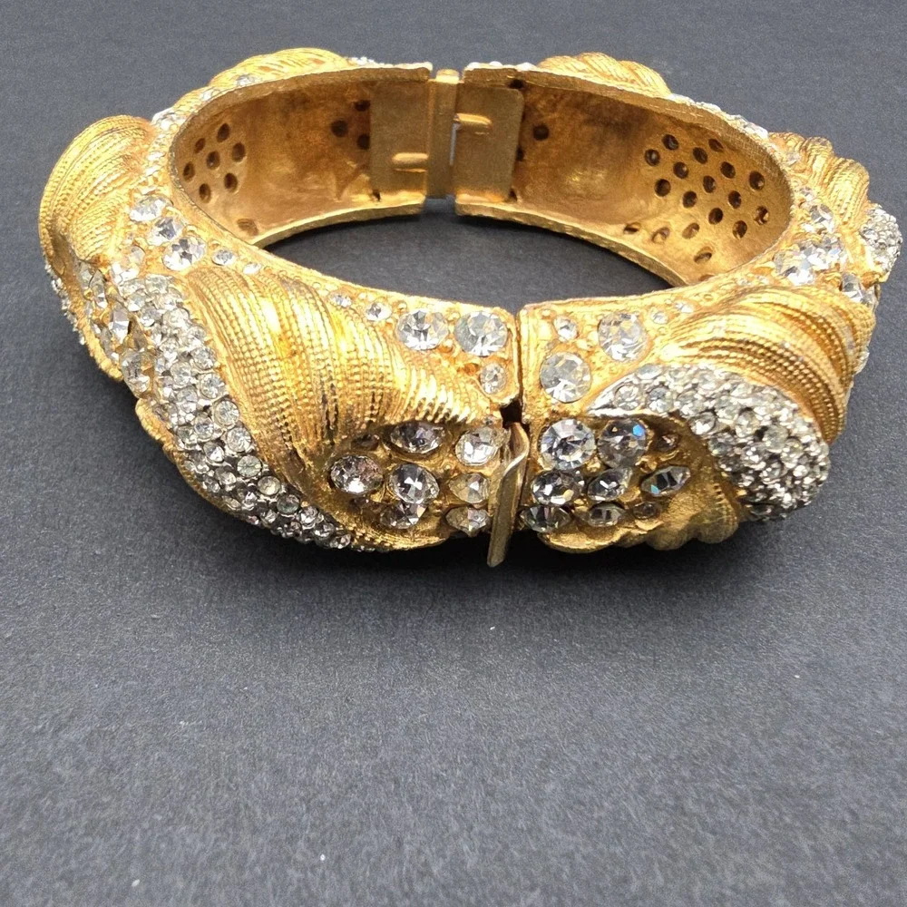 Vintage Cadoro Textured Gold Tone Wide Metal Bangle Bracelet Rhinestone Hinged